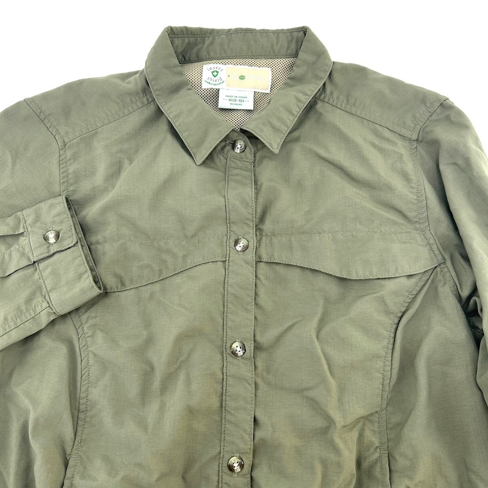ExOfficio Womens M Olive Green Insect Shield Long Sleeve Hiking Button Up Shirt